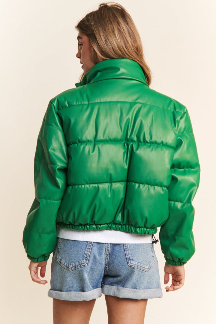 Turtleneck Snap and Zipper Closure Crop Puff Jacket, Green