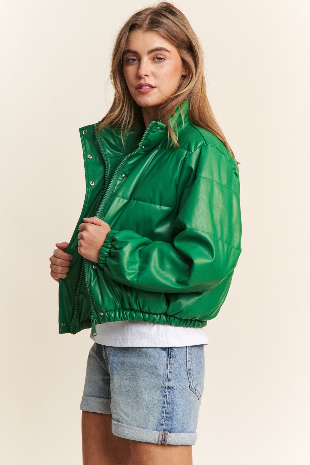 Turtleneck Snap and Zipper Closure Crop Puff Jacket, Green