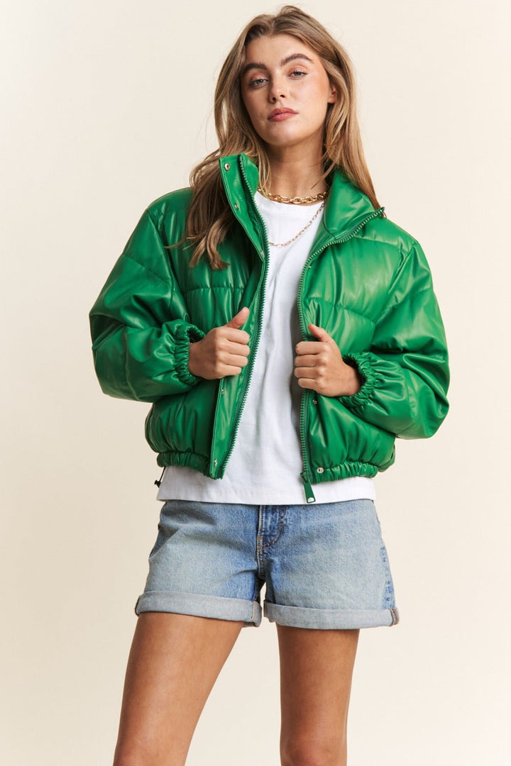 Turtleneck Snap and Zipper Closure Crop Puff Jacket, Green