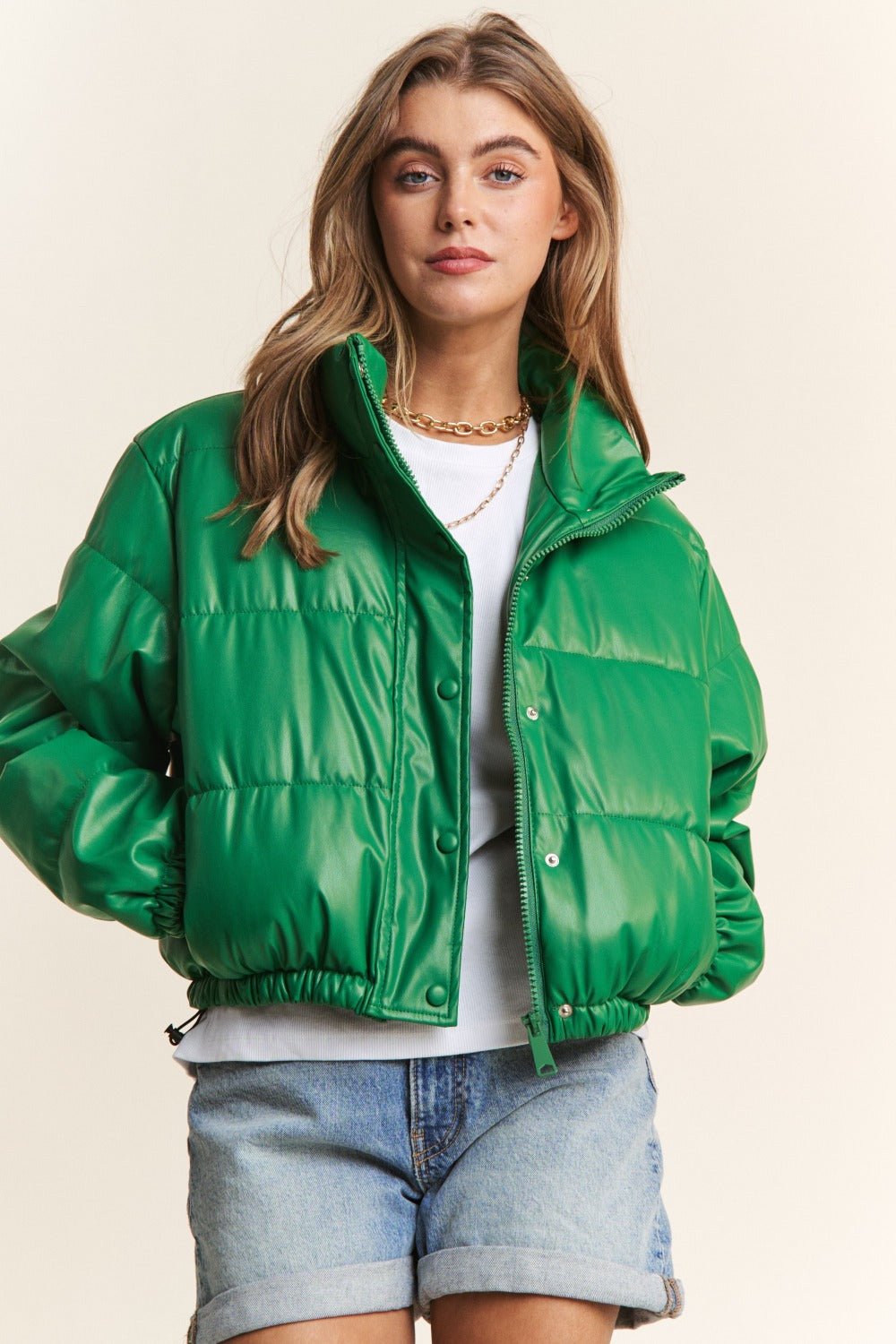 Turtleneck Snap and Zipper Closure Crop Puff Jacket, Green