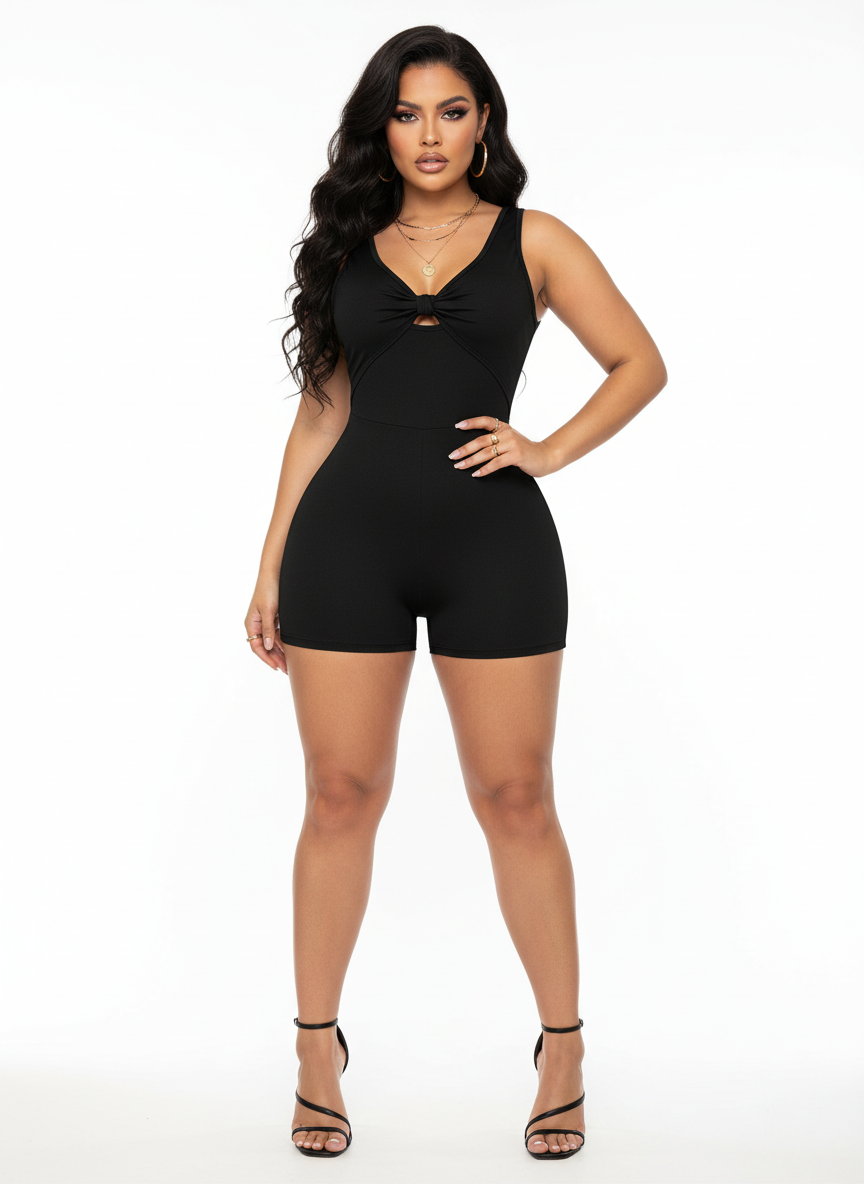 Twist Knot Cutout Romper - Black