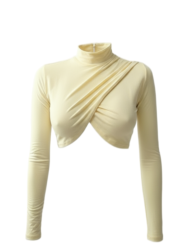 Mock Neck Twisted Crop Top - Yellow