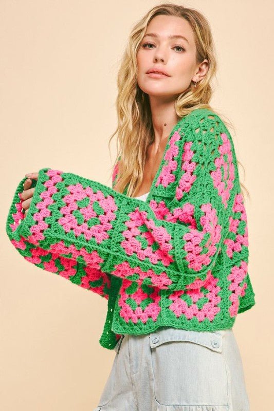 Two Tone Flower Square Crochet Open Front Cardigan