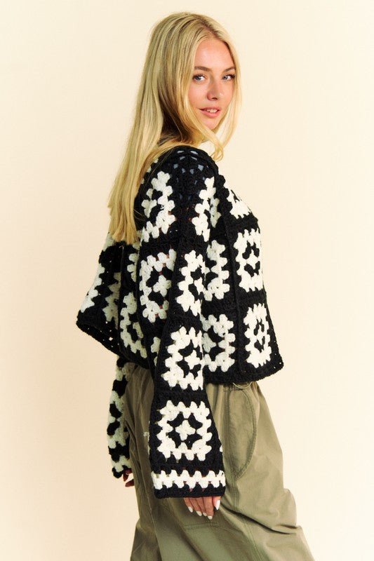 Two Tone Flower Square Crochet Open Front Cardigan