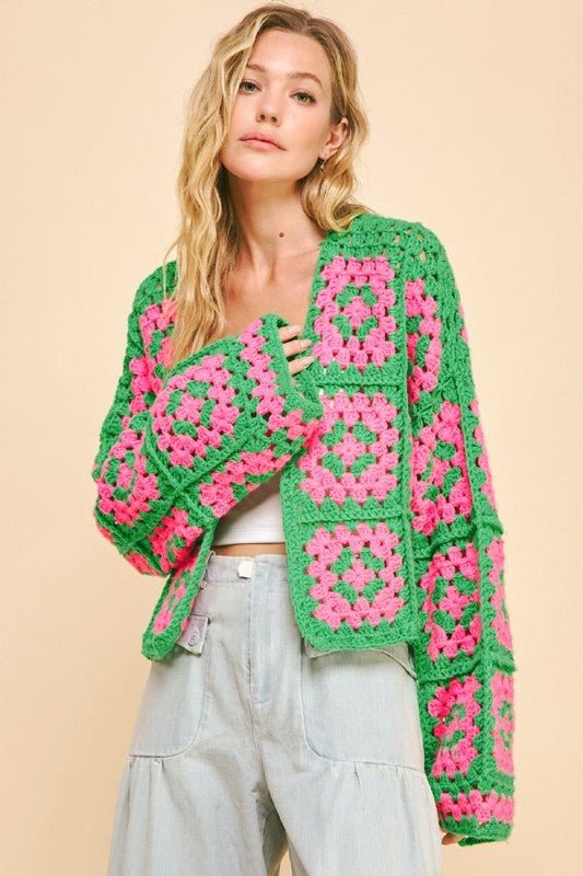 Two Tone Flower Square Crochet Open Front Cardigan