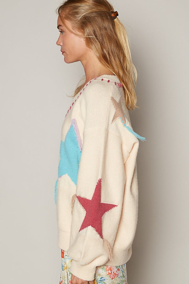 V-Neck Long Sleeve Star Fringe Sweater