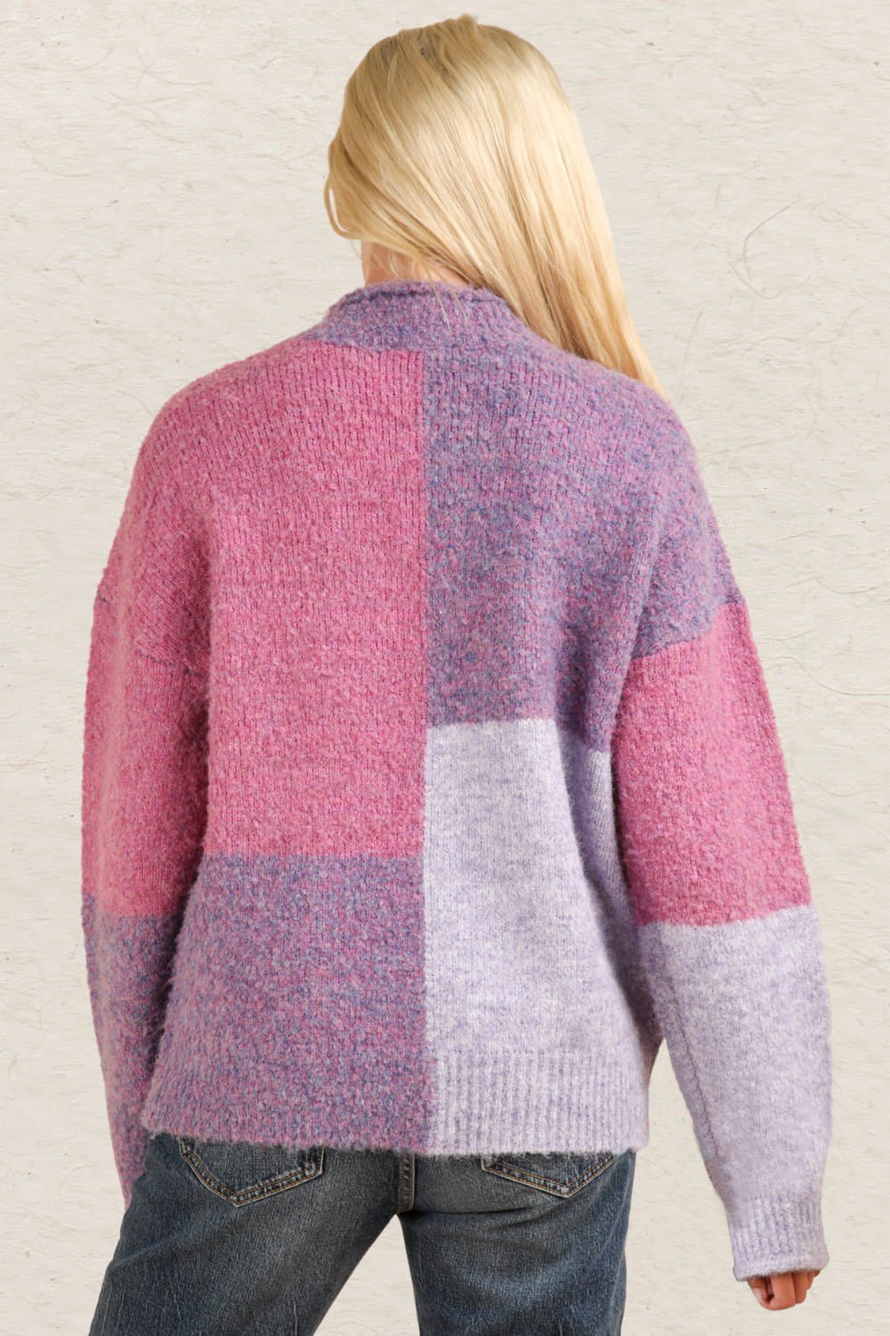 Color Block Mock Neck Drop Shoulder Sweater