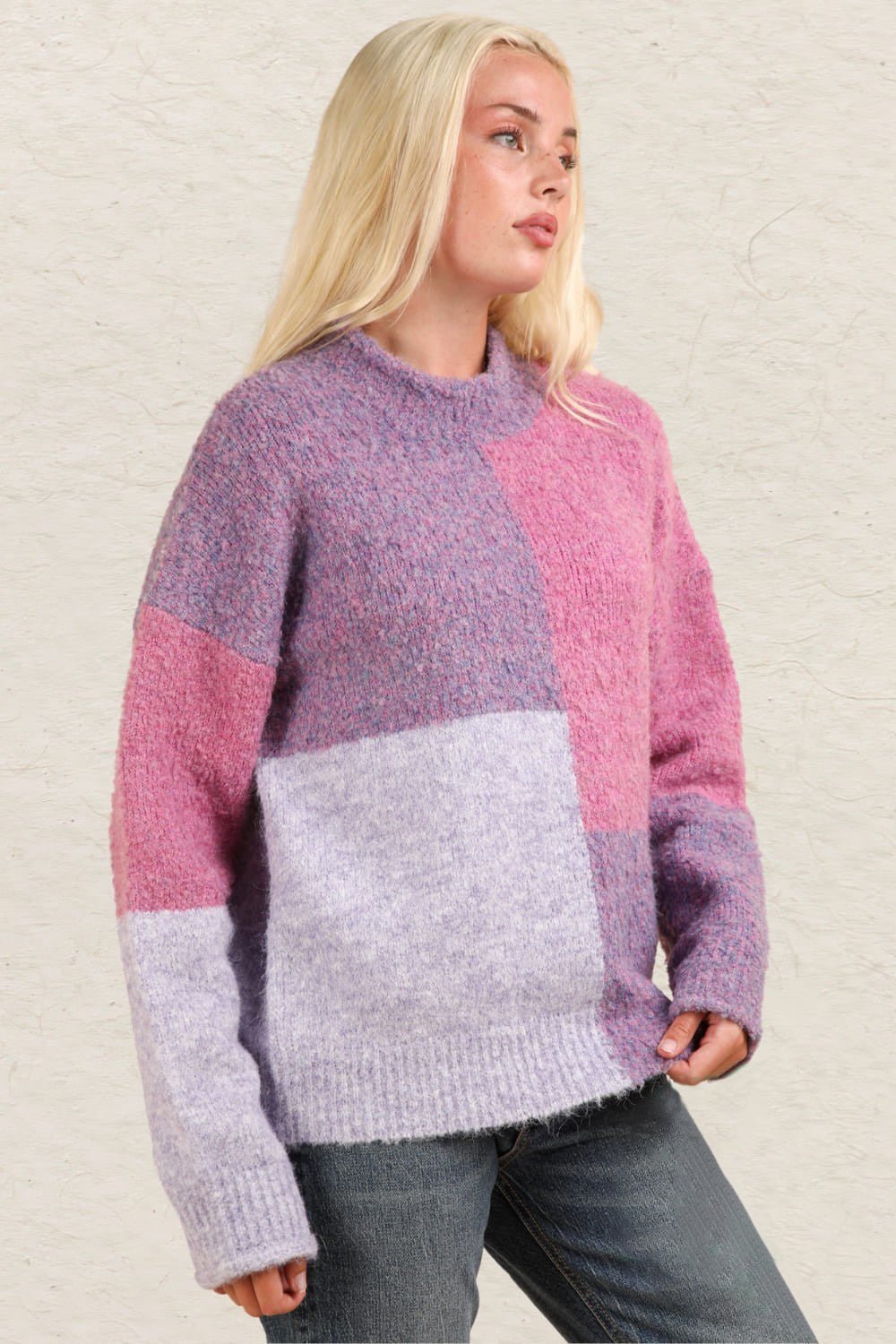 Color Block Mock Neck Drop Shoulder Sweater