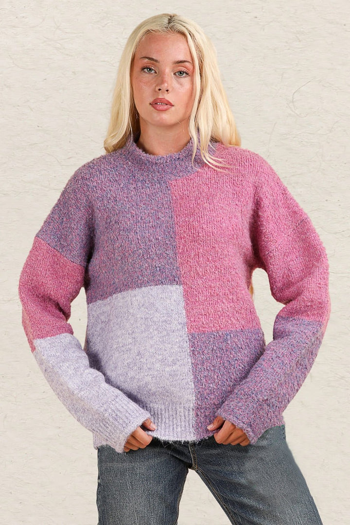 Color Block Mock Neck Drop Shoulder Sweater