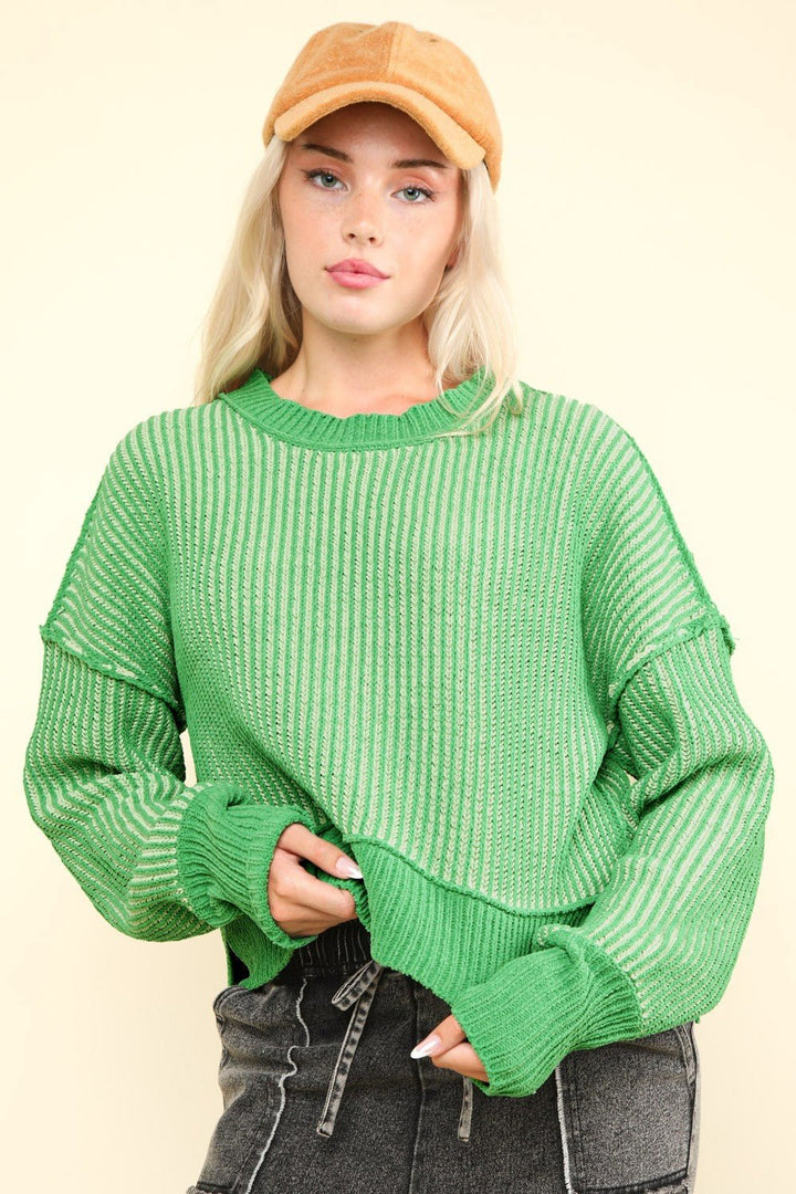 Cropped Striped Slit Sweater, Green