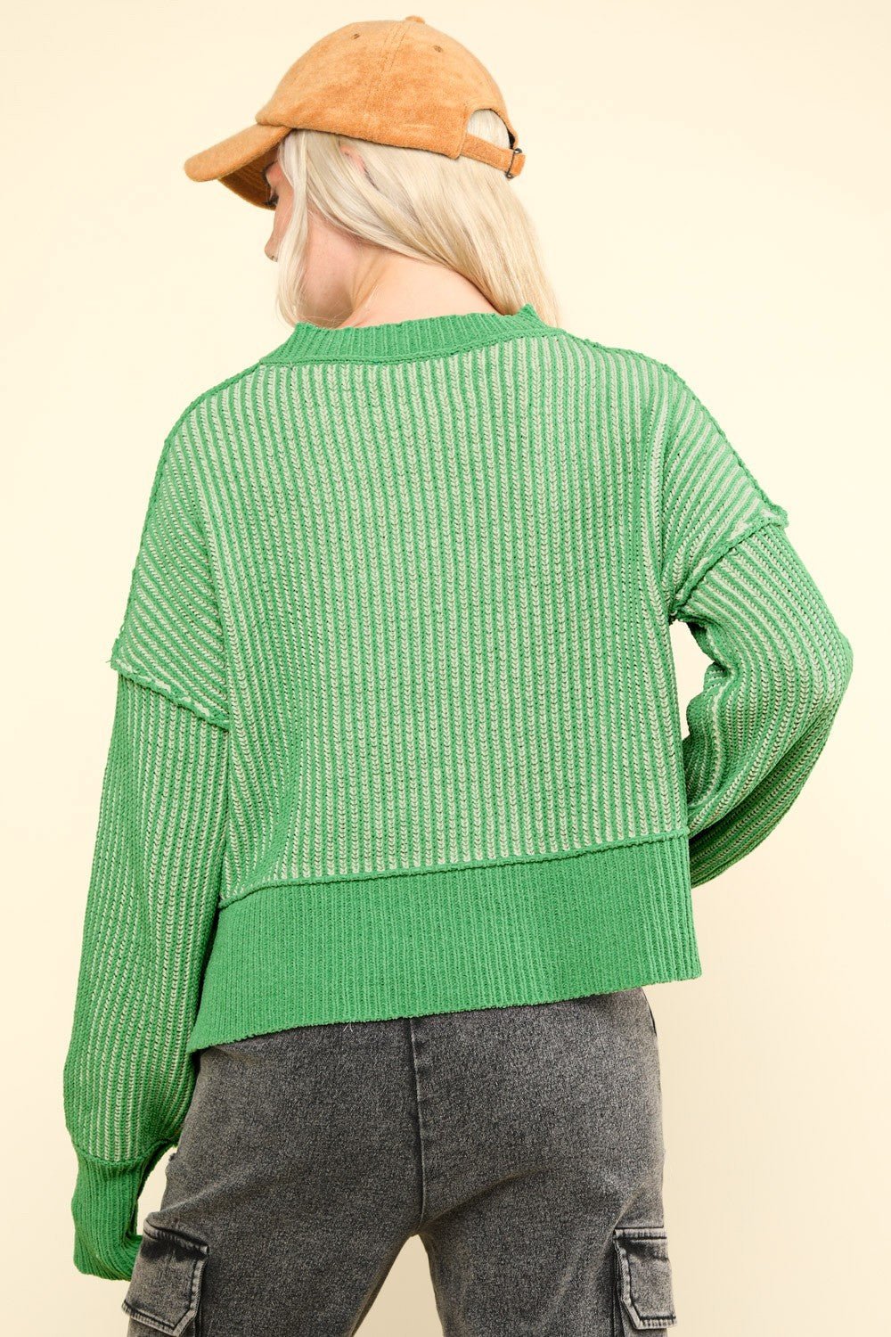 Cropped Striped Slit Sweater, Green