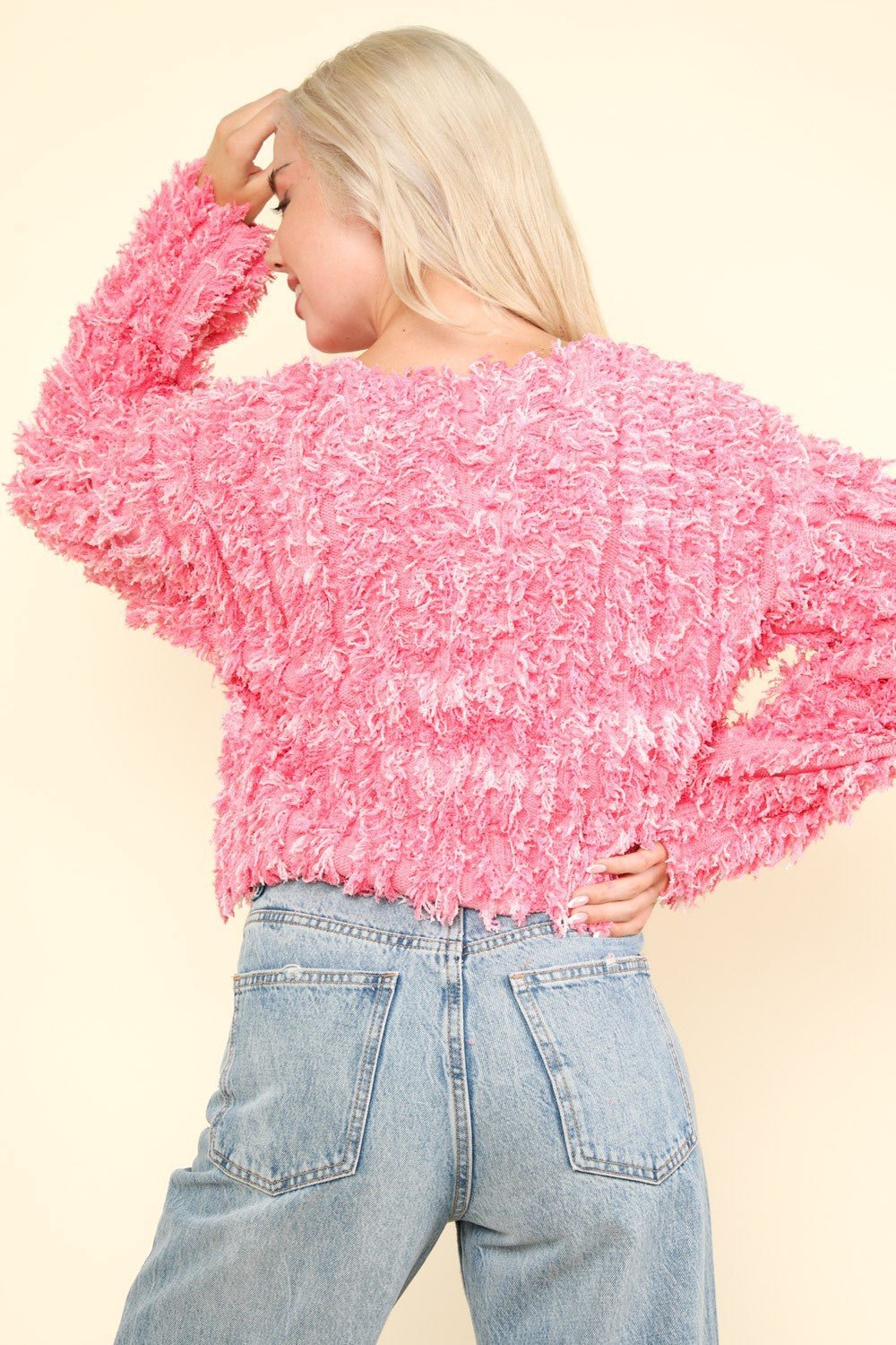 Shaggy Yarn Knit Zip Up Jacket, Pink