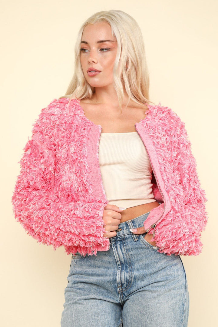 Shaggy Yarn Knit Zip Up Jacket, Pink