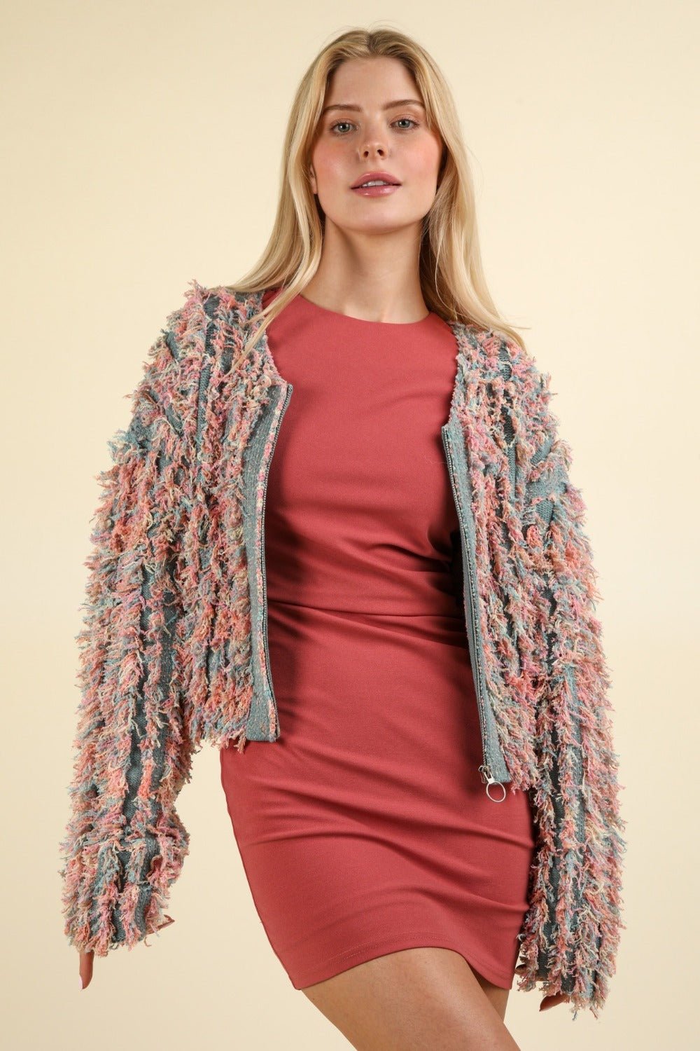 Shaggy Yarn Knit Zip Up Jacket