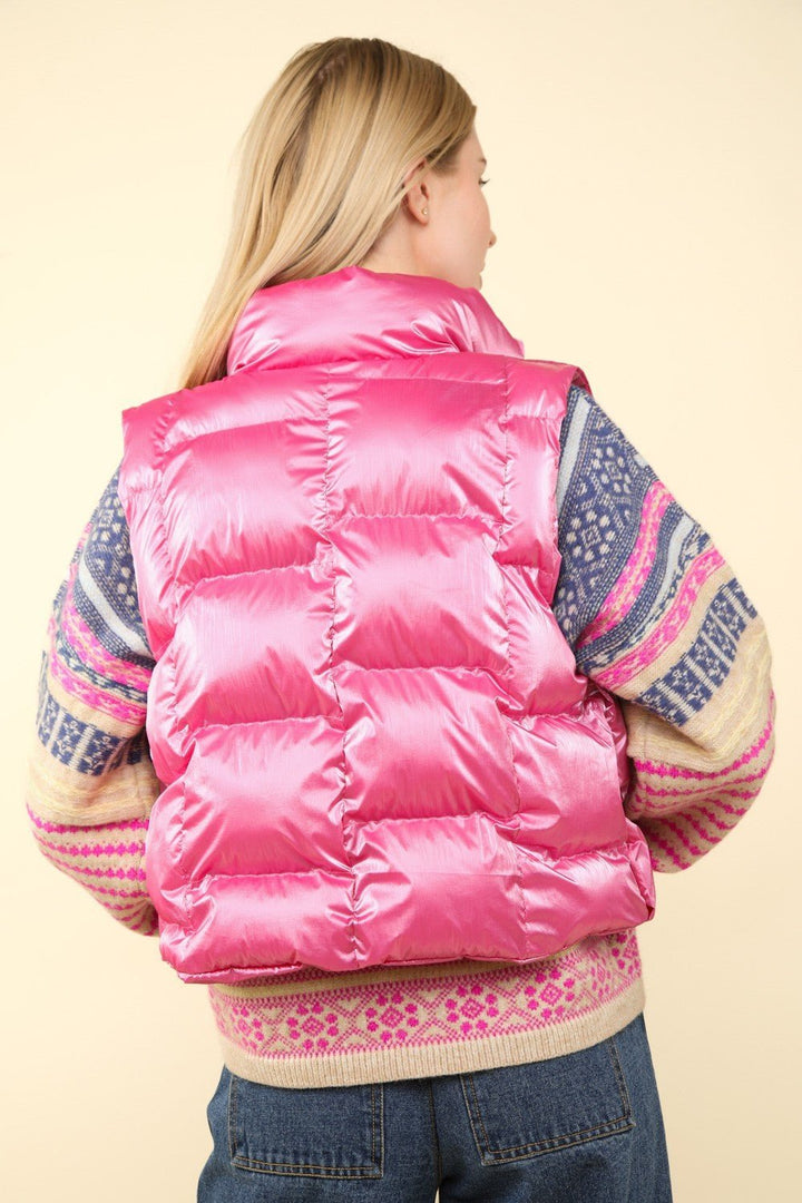 Shiny Metallic Zip Up Puffer Vest, Pink