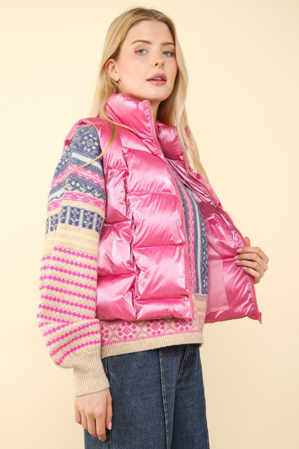 Shiny Metallic Zip Up Puffer Vest, Pink