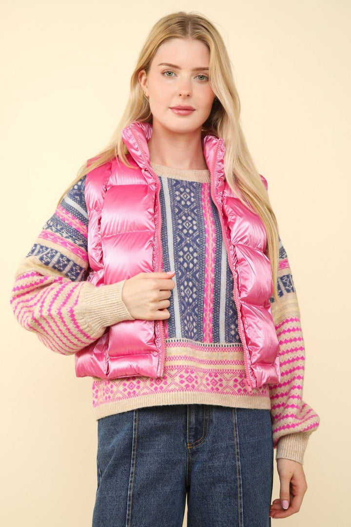 Shiny Metallic Zip Up Puffer Vest, Pink