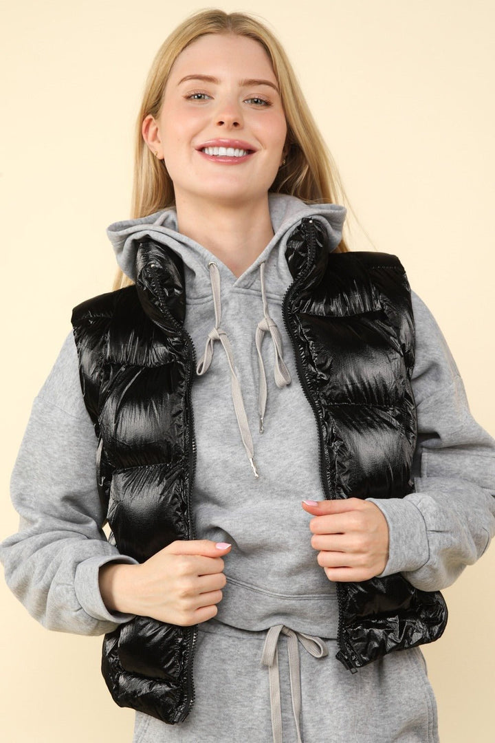 Shiny Metallic Zip Up Puffer Vest, Black