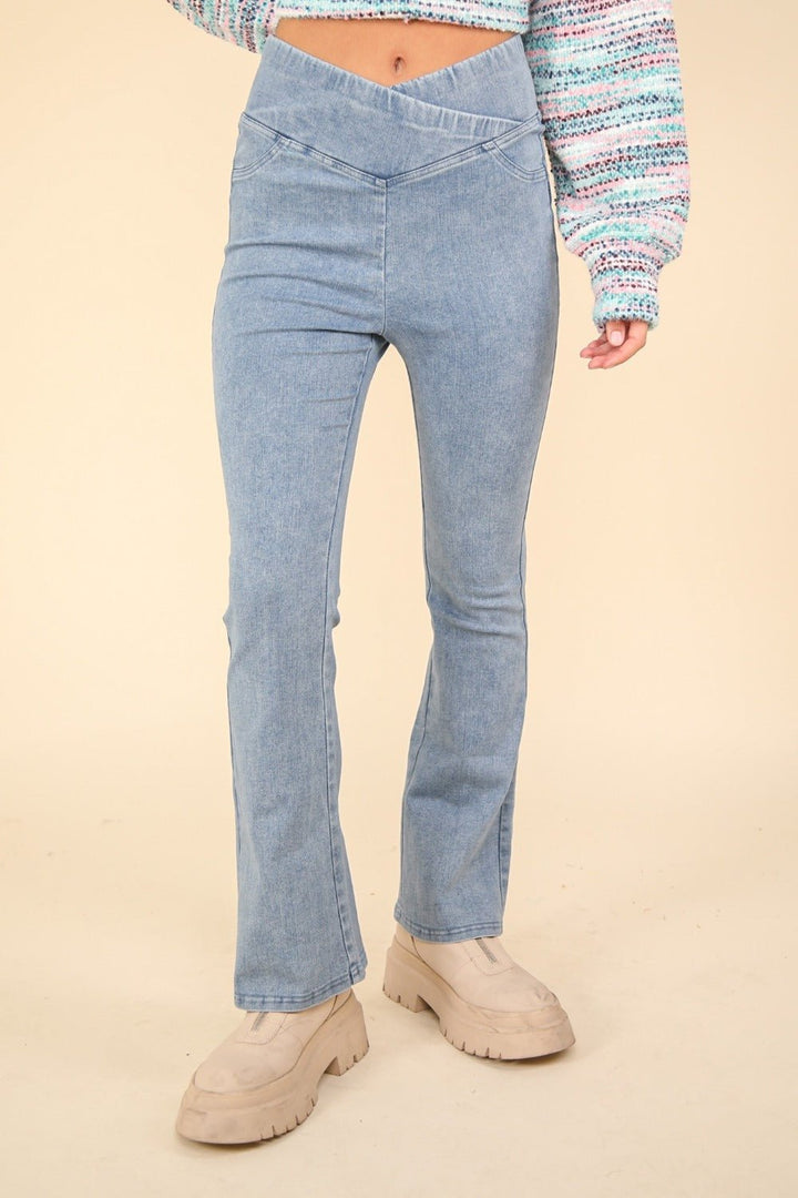 Washed Denim Stretchy Crossover Waist Leggings