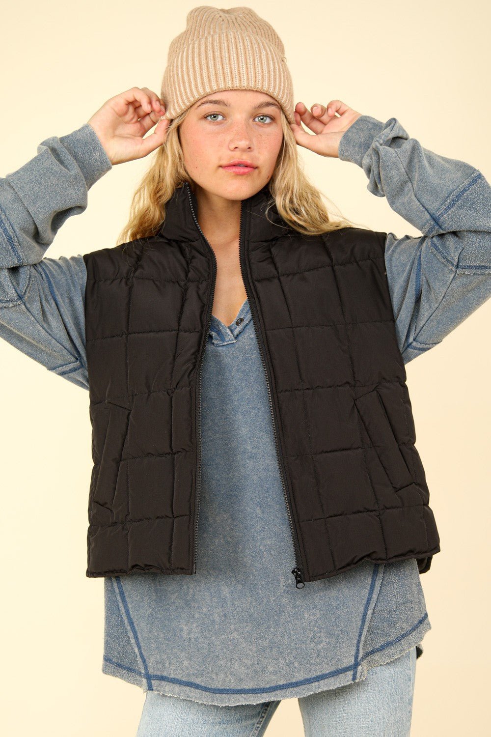 Zip Up Puffer Padded Warm Vest, Black