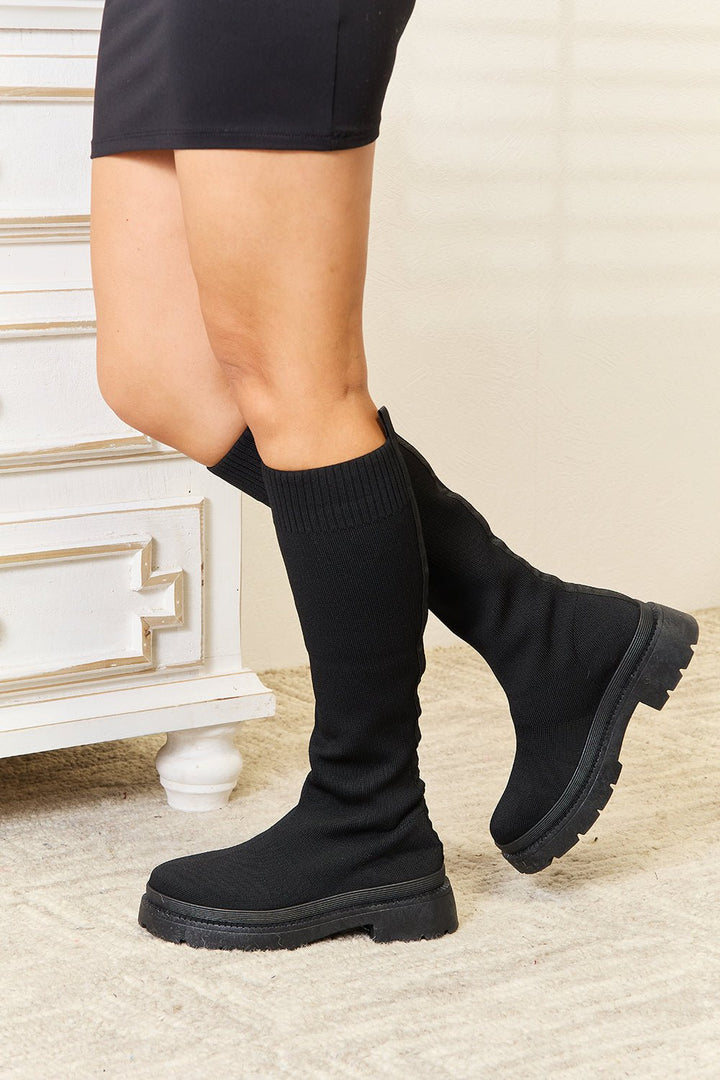 Knee High Platform Sock Boots, Black