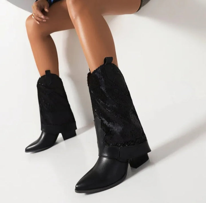 Sequins Mid Calf Leather Block Heel Cowboy Boots