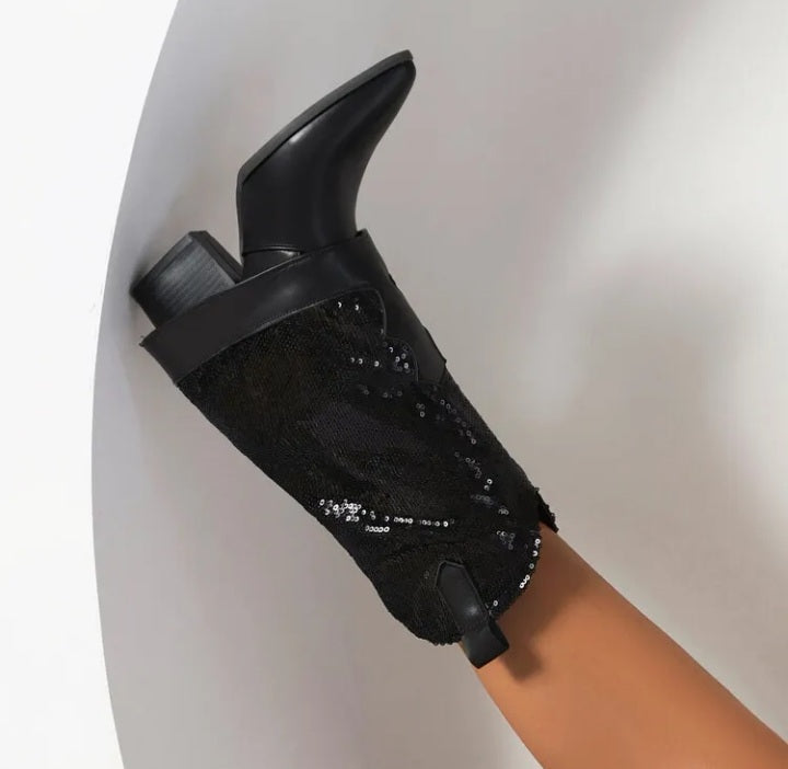 Sequins Mid Calf Leather Block Heel Cowboy Boots