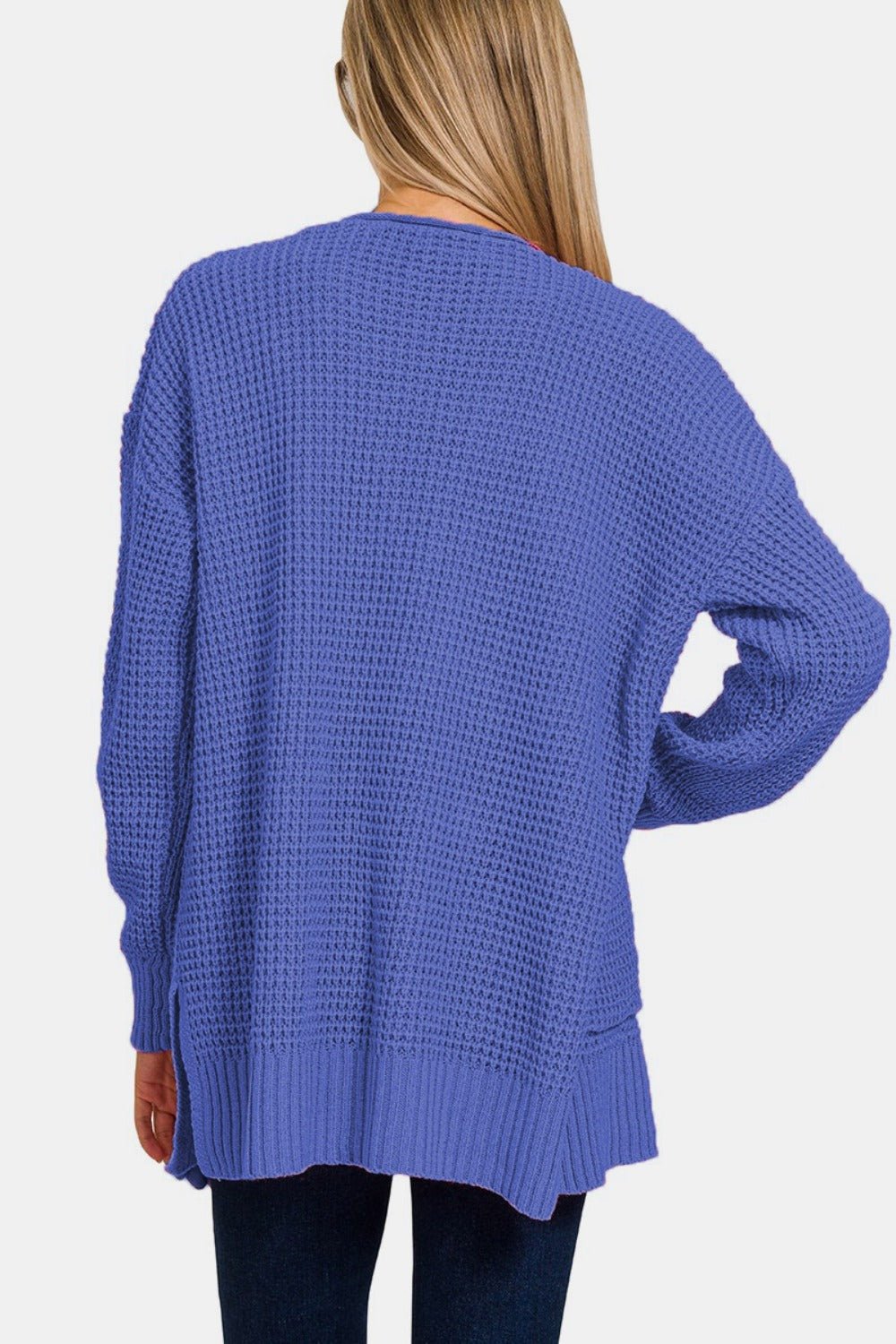 Waffle Open Front Sweater Cardigan, Blue