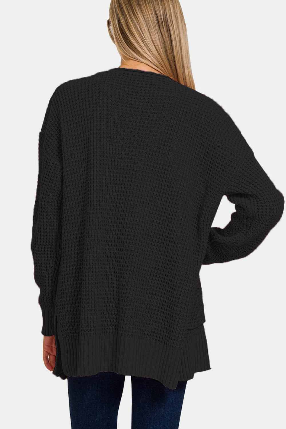 Waffle Open Front Sweater Cardigan, Black