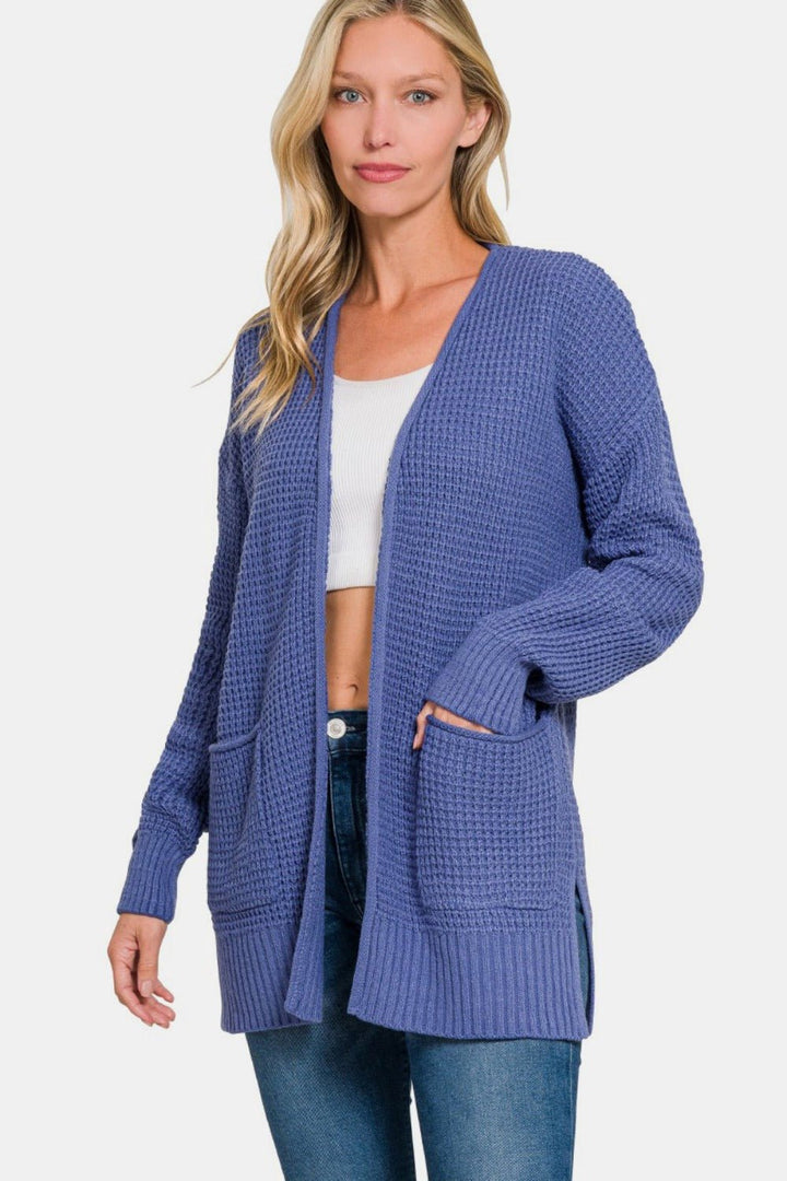 Waffle Open Front Sweater Cardigan, Blue