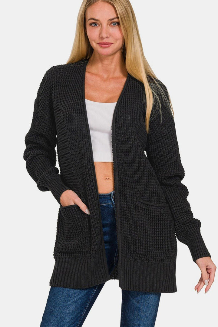 Waffle Open Front Sweater Cardigan, Black