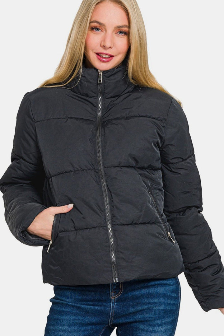 Zip Up Turtleneck Puffer Jacket with Pockets