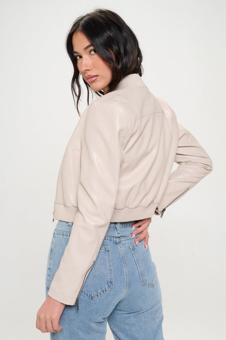 Zip Up Cropped Bomber Jacket, Cream