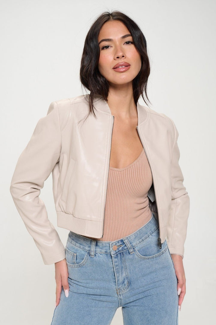 Zip Up Cropped Bomber Jacket, Cream