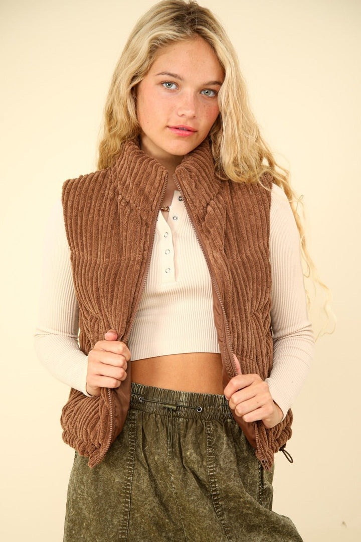 Zip Up Padded Corduroy Puffer Vest, Camel