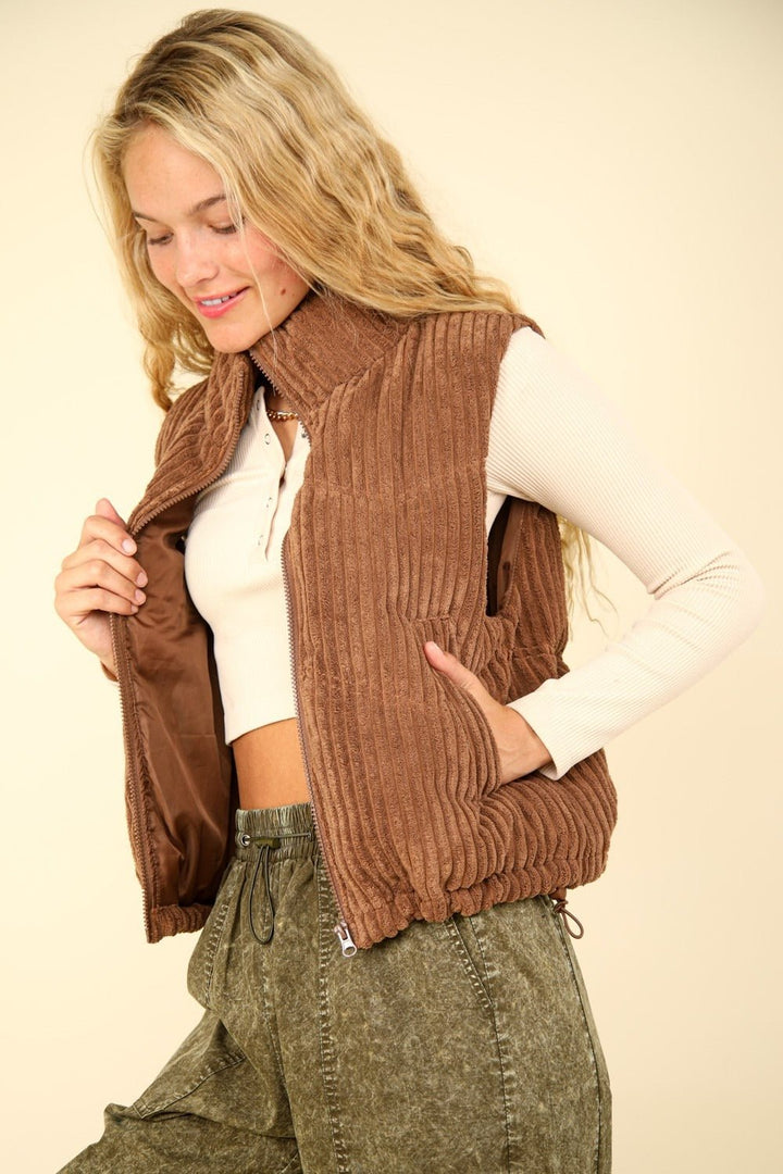 Zip Up Padded Corduroy Puffer Vest, Camel