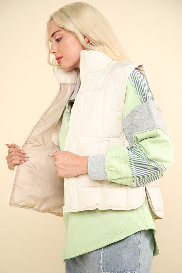 Zip Up Puffer Padded Warm Vest, Ivory