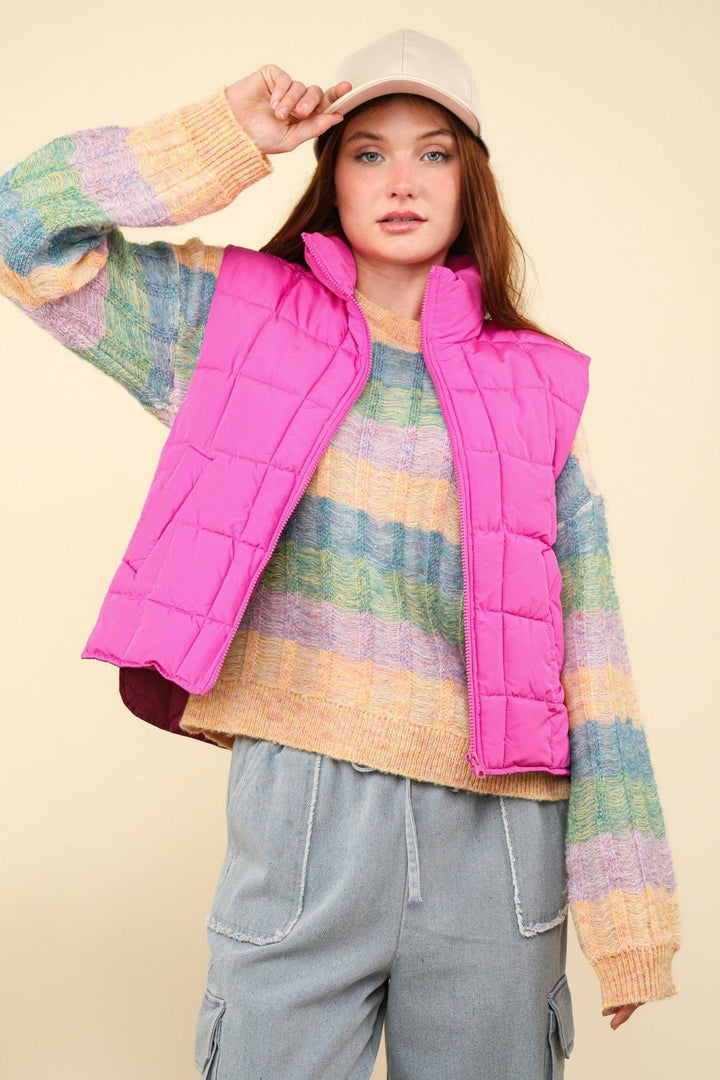 Zip Up Puffer Padded Warm Vest, Pink