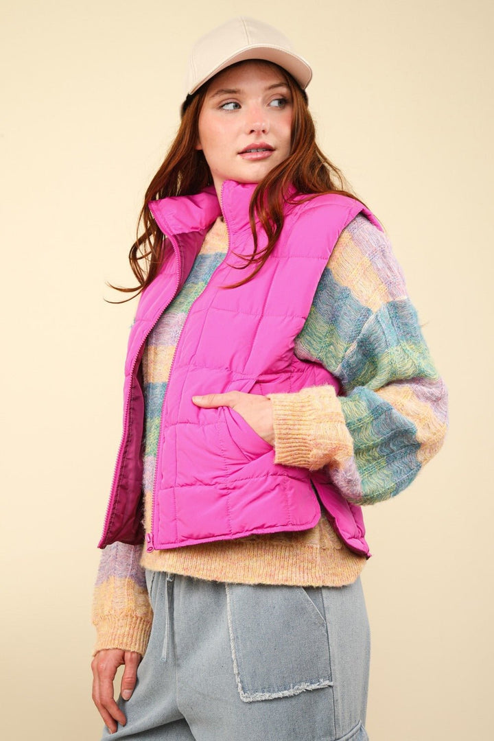 Zip Up Puffer Padded Warm Vest, Pink