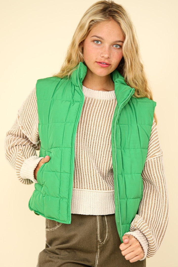 Zip Up Puffer Padded Warm Vest,Green