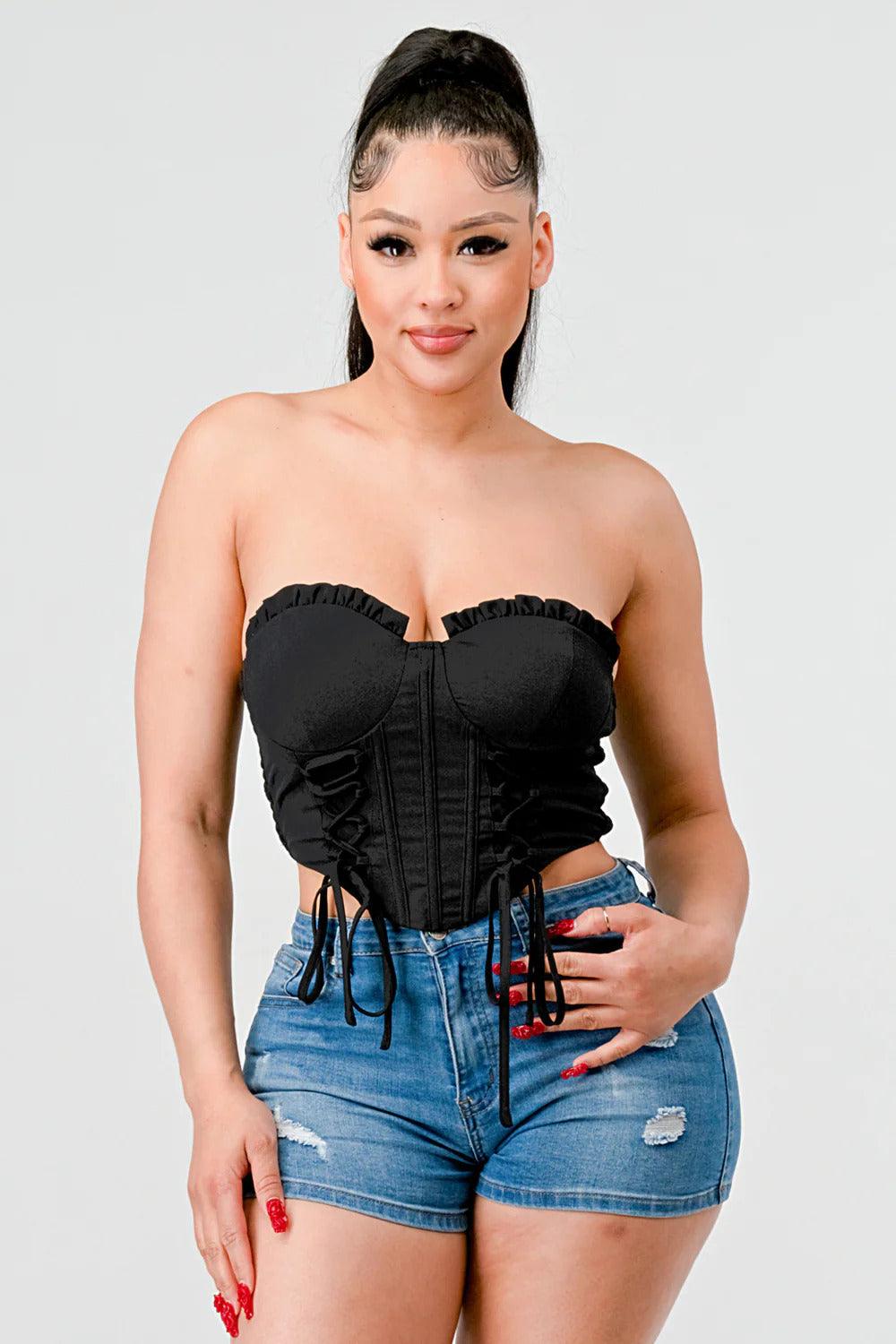 Luxe sweetheart ruffled drawstring lace bustier top - 7Kouture