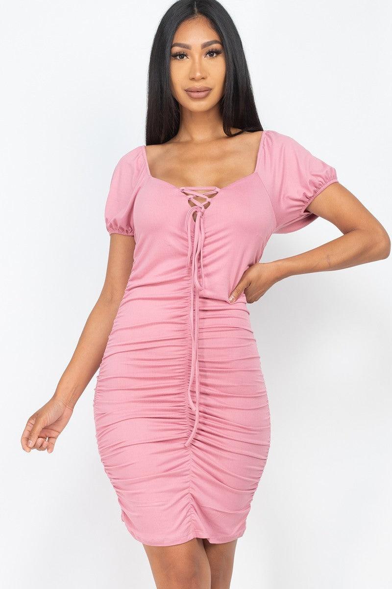 Front Lace Up Ruched Mini Dress - 7Kouture