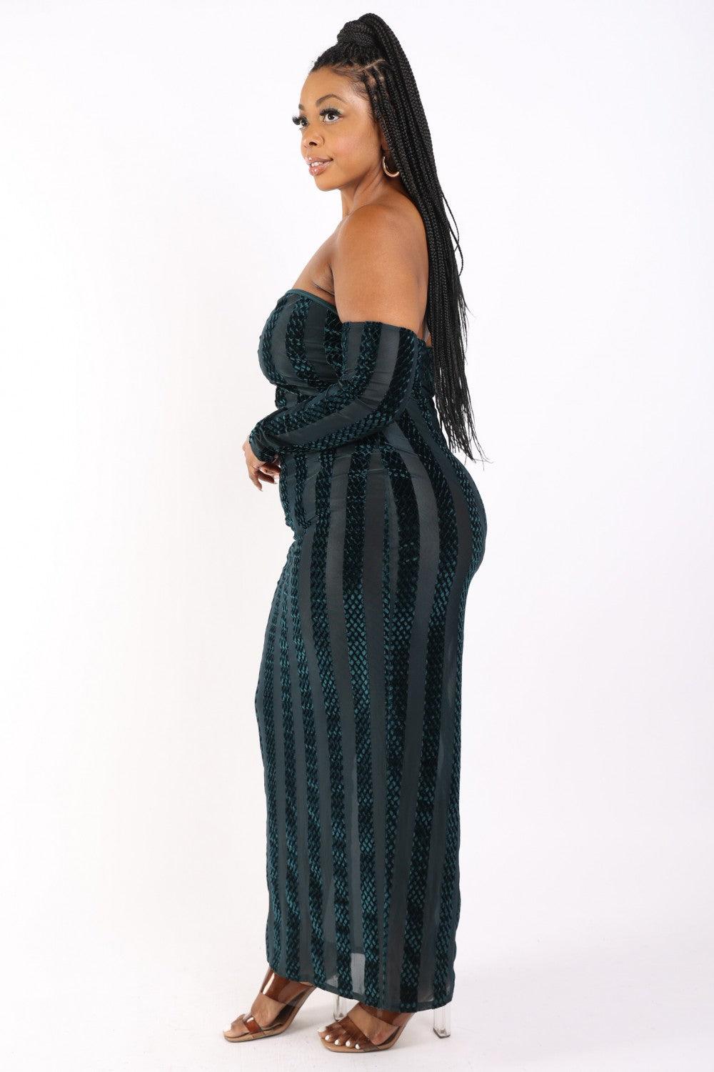 Striped Velvet Off Shoulder Dress - 7Kouture