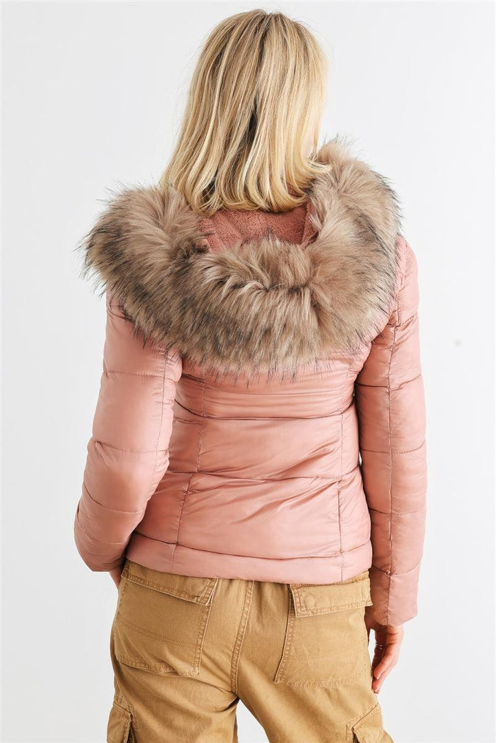Long Sleeve Faux Fur Hood Padded Water Resistant Finish Jacket