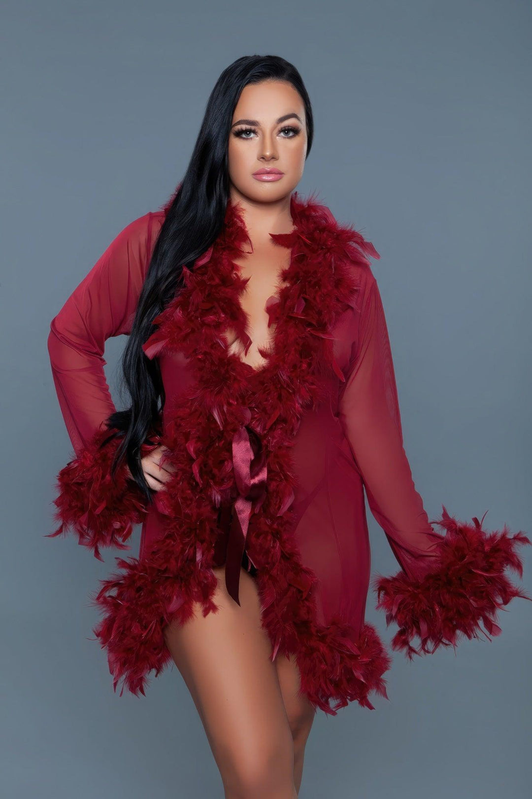 Knee Length Feather Robe With Ribbon Ties - 7Kouture