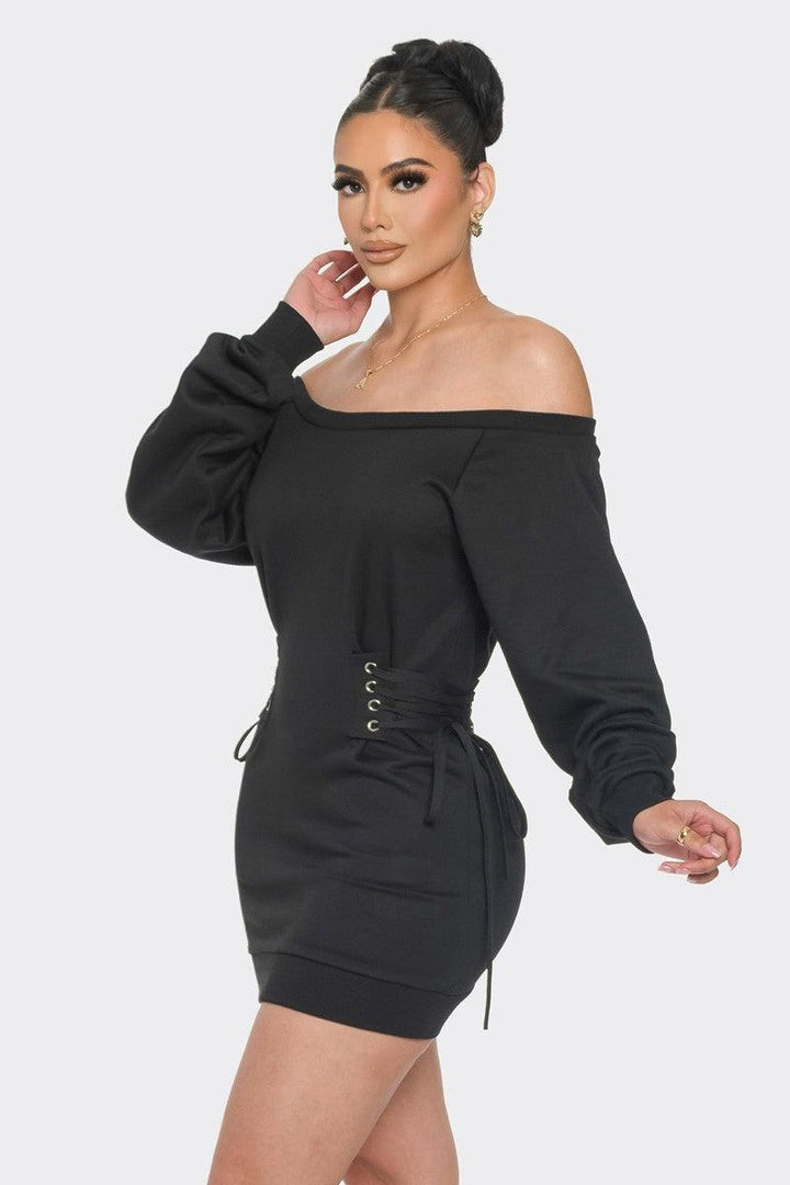 Off Shoulder Mini Dress, Black - 7Kouture