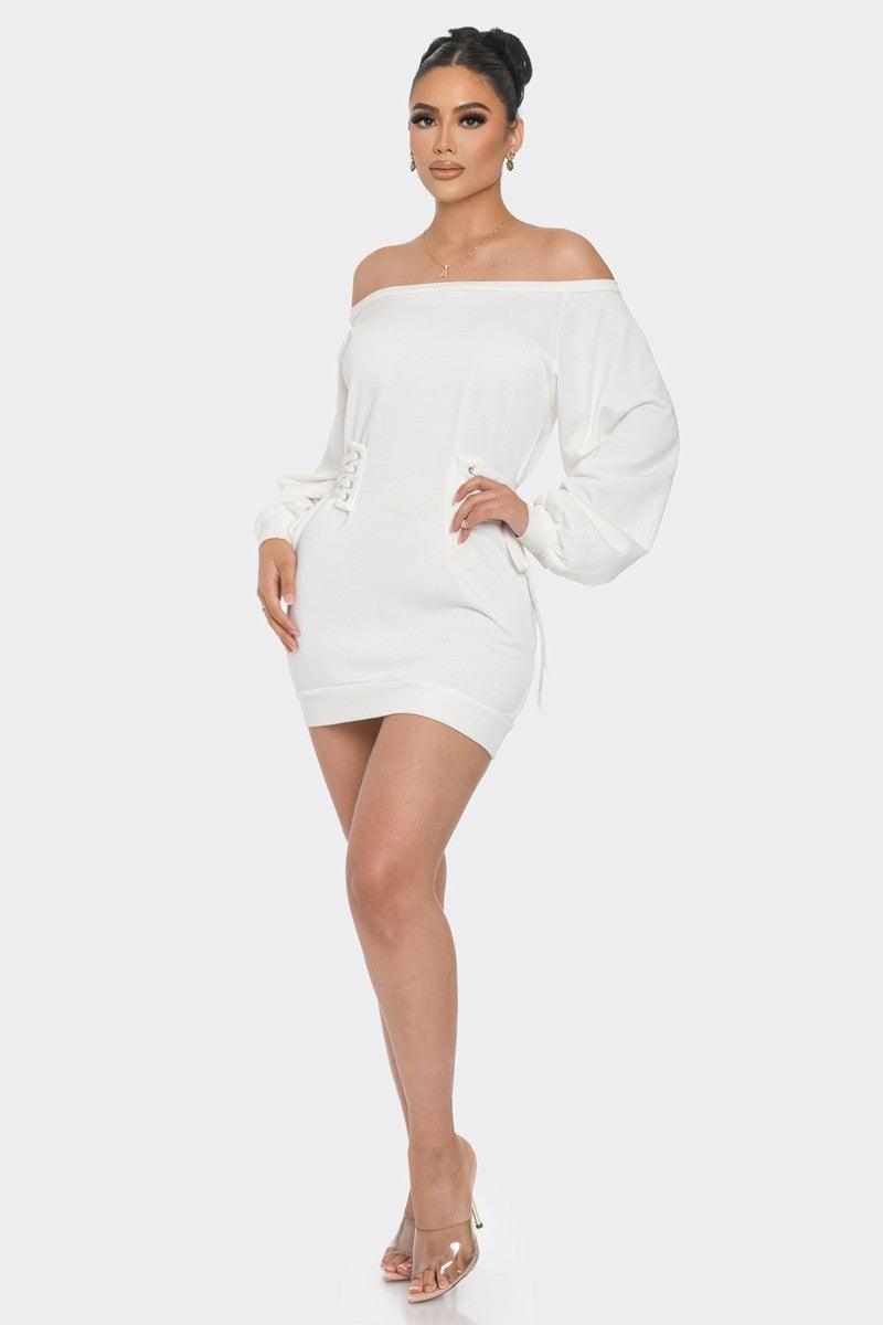 Off Shoulder Mini Dress, White - 7Kouture