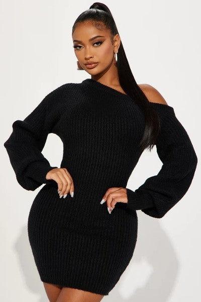Sweater Knit Mini Dress, Black - 7Kouture