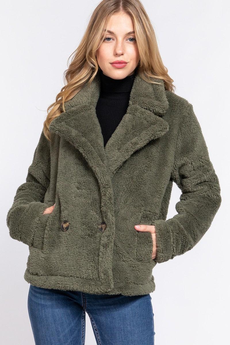 Faux Fur Sherpa Jacket, Olive - 7Kouture