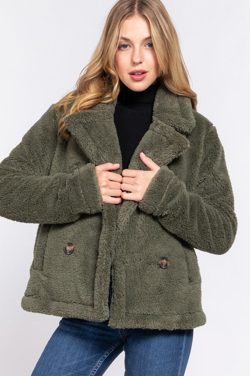 Faux Fur Sherpa Jacket, Olive - 7Kouture